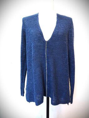 EILEEN FISHER Linen/Cotton Blue Zip Front Open Knit Sweater Cardigan Size 1X